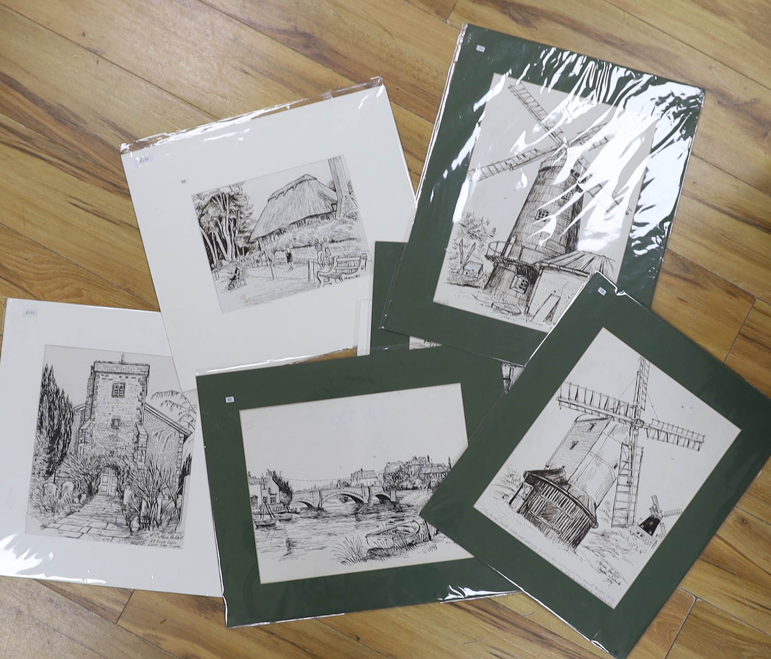 Moira Hoddell, seven ink sketches including All Saints Centre, Lewes, River Arun, Arundel, Sussex and West Pier, Brighton, each signed, some with inscriptions, mounted, unframed, 30 x 25cm